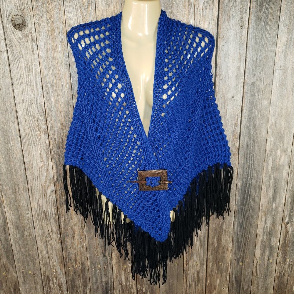 NEW Royal Blue Loose Knit Colorblock Shawl Wrap Scarf Boho‎ Hippie Handmade